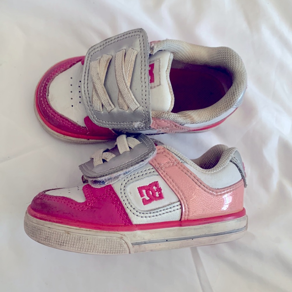 DC pink, silver and white Velcro sneakers
